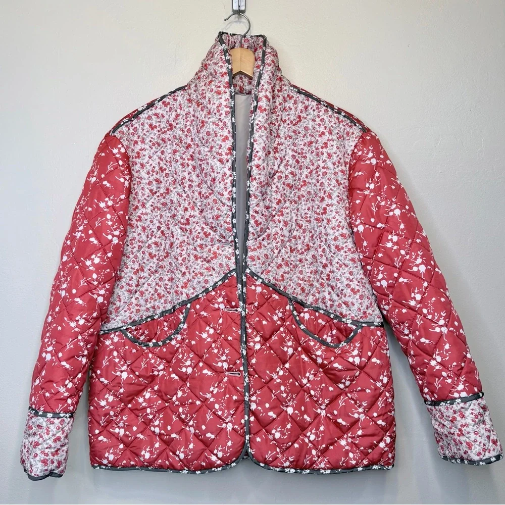 The Carmen Vibrant Micro Floral Patchwork Cropped Coat Quilted Puffer Jacket - Picture 3 of 15